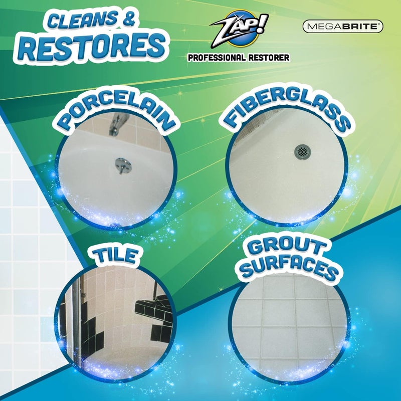 Megabrite ZAP! Professional Tile & Grout Restorer | Cleans & Restores Porcelain, Fiberglass, Tile, & Grout Surfaces | Rust & Hard Water Remover | Kitchens & Bathroom Porcelain Sinks, Toilets, & Tubs - Image 2